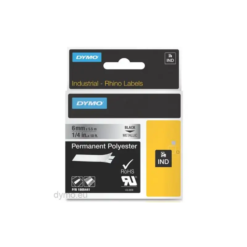 (1805441) DYMO CINTA DE ETIQUETAS INDUSTRIAL ID1-6 - NEGRO SOBRE GRIS METÁLICO - 6MMX5´5M - POLIÉSTER - ROTULADORA RHINO