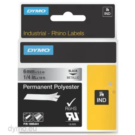 (1805441) DYMO CINTA DE ETIQUETAS INDUSTRIAL ID1-6 - NEGRO SOBRE GRIS METÁLICO - 6MMX5´5M - POLIÉSTER - ROTULADORA RHINO