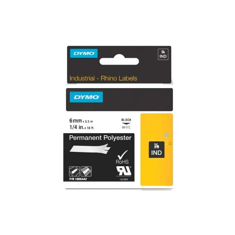 (1805442) DYMO CINTA DE ETIQUETAS INDUSTRIAL ID1-6 - NEGRO SOBRE BLANCO - 6MMX5´5M - POLIÉSTER - ROTULADORA RHINO