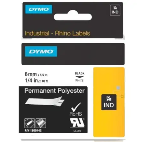 (1805442) DYMO CINTA DE ETIQUETAS INDUSTRIAL ID1-6 - NEGRO SOBRE BLANCO - 6MMX5´5M - POLIÉSTER - ROTULADORA RHINO