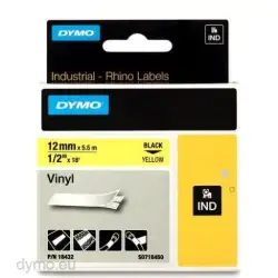 (18432) DYMO CINTA DE ETIQUETAS INDUSTRIAL ADHESIVA ID1-12 - NEGRO SOBRE AMARILLO - 12MMX5´5M - VINILO - ROTULADORA RHINO