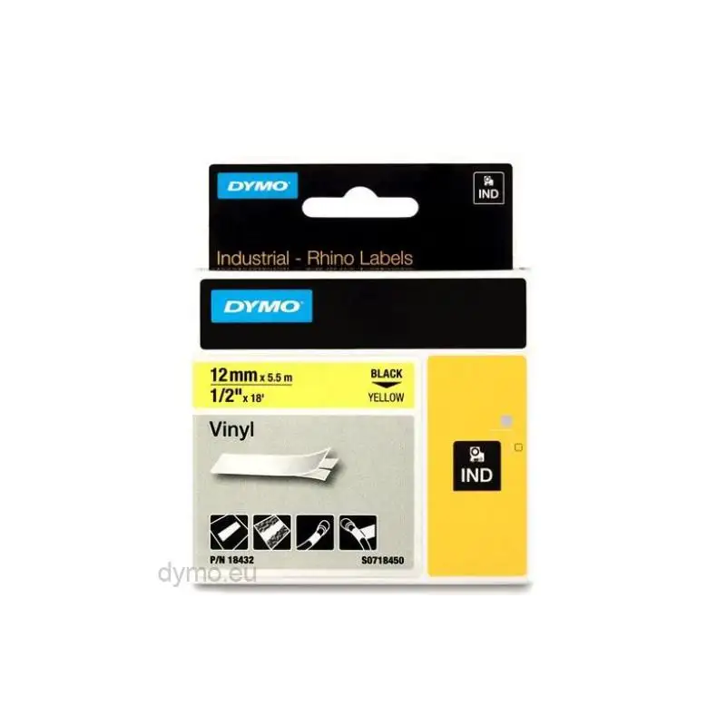 (18432) DYMO CINTA DE ETIQUETAS INDUSTRIAL ADHESIVA ID1-12 - NEGRO SOBRE AMARILLO - 12MMX5´5M - VINILO - ROTULADORA RHINO