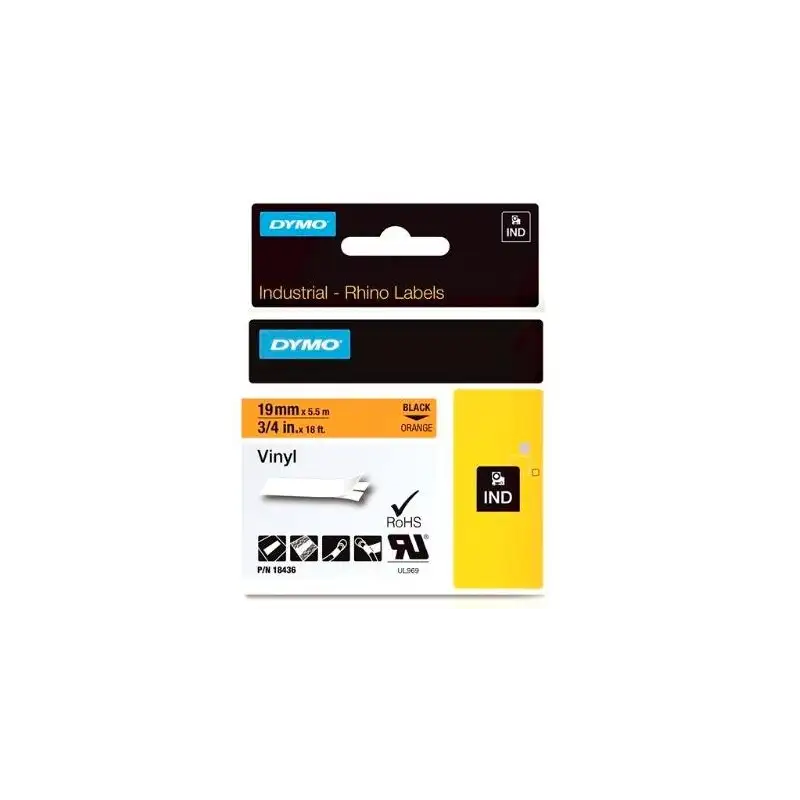 (18436) DYMO CINTA DE ETIQUETAS INDUSTRIAL ADHESIVA ID1-19 - NEGRO SOBRE NARANJA - 19MMX5´5M - VINILO - ROTULADORA RHINO