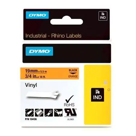 (18436) DYMO CINTA DE ETIQUETAS INDUSTRIAL ADHESIVA ID1-19 - NEGRO SOBRE NARANJA - 19MMX5´5M - VINILO - ROTULADORA RHINO