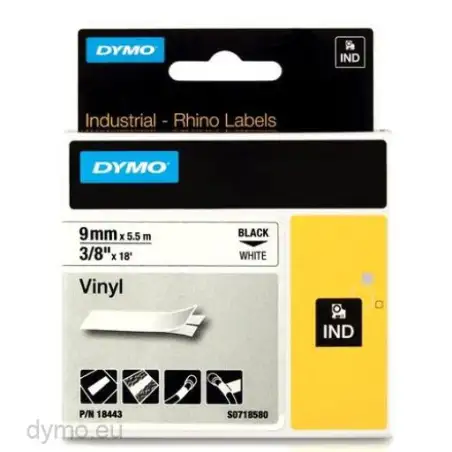 (18443) DYMO TUBO TERMORRETRACTIL CINTA ID1-9 - NEGRO SOBRE BLANCO - 9MMX5´5M - VINILO - ROTULADORA RHINO