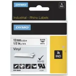 (18444) DYMO CINTA DE ETIQUETAS INDUSTRIAL ADHESIVA ID1-12 - NEGRO SOBRE BLANCO - 12MMX5´5M - VINILO - ROTULADORA RHINO