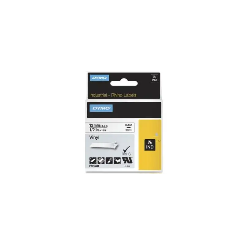 (18444) DYMO CINTA DE ETIQUETAS INDUSTRIAL ADHESIVA ID1-12 - NEGRO SOBRE BLANCO - 12MMX5´5M - VINILO - ROTULADORA RHINO