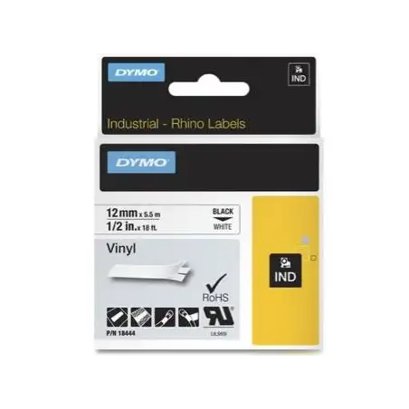 (18444) DYMO CINTA DE ETIQUETAS INDUSTRIAL ADHESIVA ID1-12 - NEGRO SOBRE BLANCO - 12MMX5´5M - VINILO - ROTULADORA RHINO