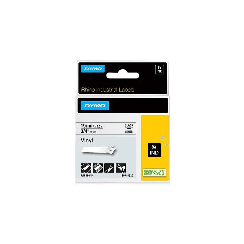 (18445) DYMO CINTA DE ETIQUETAS INDUSTRIAL ADHESIVA ID1-19 - NEGRO SOBRE BLANCO - 19MMX5´5 M - VINILO - ROTULADORA RHINO