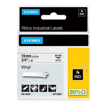 (18445) DYMO CINTA DE ETIQUETAS INDUSTRIAL ADHESIVA ID1-19 - NEGRO SOBRE BLANCO - 19MMX5´5 M - VINILO - ROTULADORA RHINO