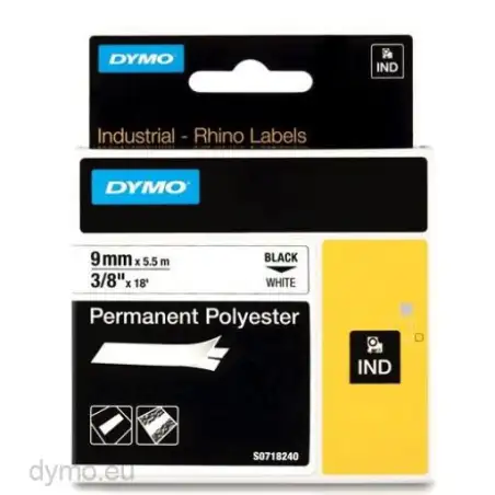 (18482) DYMO CINTA DE ETIQUETAS INDUSTRIAL ID1-9 - NEGRO SOBRE BLANCO - 9MMX5´5M - POLIÉSTER - ROTULADORA RHINO