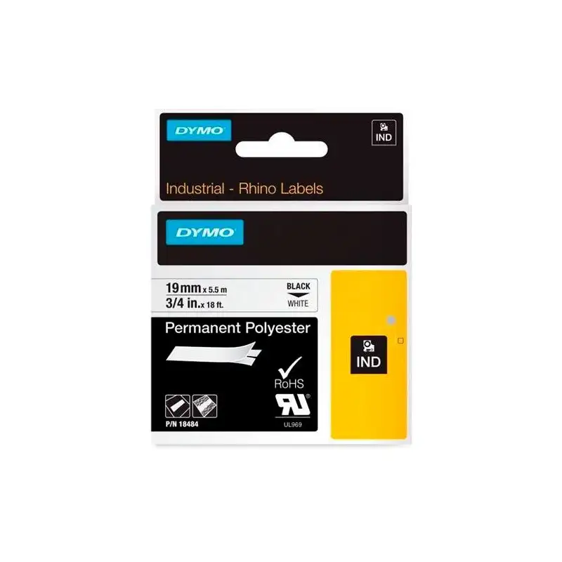 (18484) DYMO CINTA DE ETIQUETAS INDUSTRIAL ADHESIVA ID1-19 - NEGRO SOBRE BLANCO - 19MMX5´5 M - POLYESTER - ROTULADORA RHINO