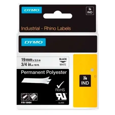 (18484) DYMO CINTA DE ETIQUETAS INDUSTRIAL ADHESIVA ID1-19 - NEGRO SOBRE BLANCO - 19MMX5´5 M - POLYESTER - ROTULADORA RHINO