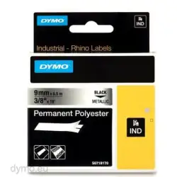 (18485) DYMO CINTA DE ETIQUETAS INDUSTRIAL ID1-9 - NEGRO SOBRE GRIS METÁLICO(PLATA) - 9MMX5´5M - POLIÉSTER - ROTULADORA RHINO