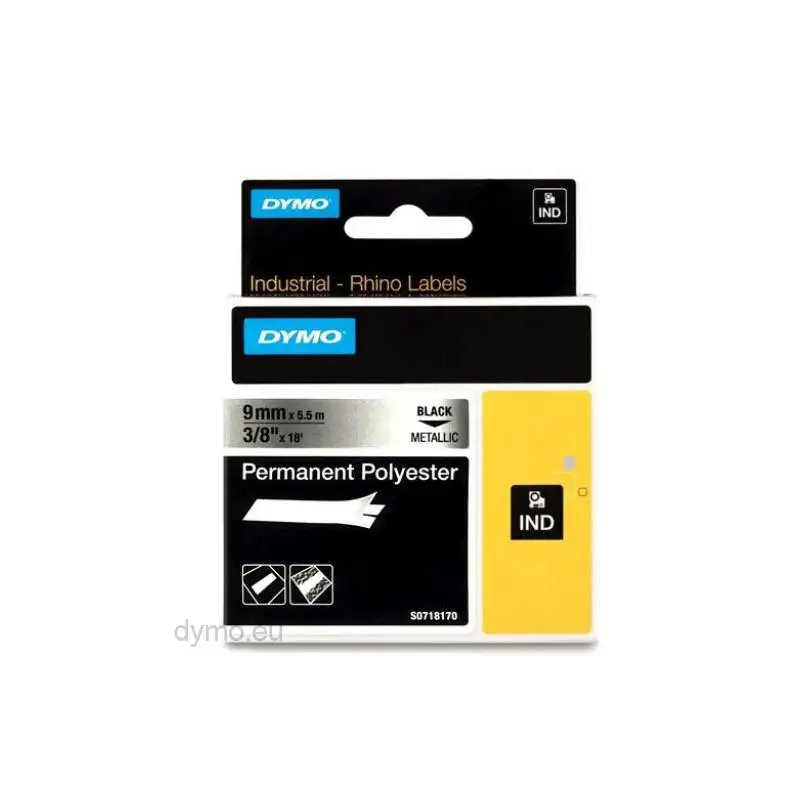 (18485) DYMO CINTA DE ETIQUETAS INDUSTRIAL ID1-9 - NEGRO SOBRE GRIS METÁLICO(PLATA) - 9MMX5´5M - POLIÉSTER - ROTULADORA RHINO