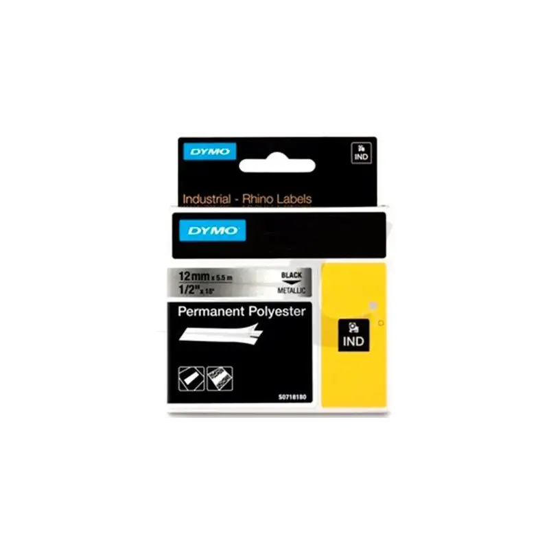 (18486) DYMO CINTA DE ETIQUETAS INDUSTRIAL ADHESIVA ID1-12 - NEGRO SOBRE PLATEADO - 12MMX5´5M - POLIESTER - ROTULADORA RHINO