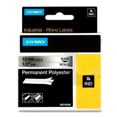 (18486) DYMO CINTA DE ETIQUETAS INDUSTRIAL ADHESIVA ID1-12 - NEGRO SOBRE PLATEADO - 12MMX5´5M - POLIESTER - ROTULADORA RHINO