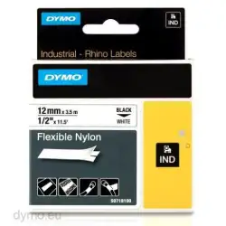 (18488) DYMO CINTA DE ETIQUETAS INDUSTRIAL ADHESIVA ID1-12 - NEGRO SOBRE BLANCO - 12MMX3´5M - NYLON FLEXIBLE - ROTULADORA RHINO