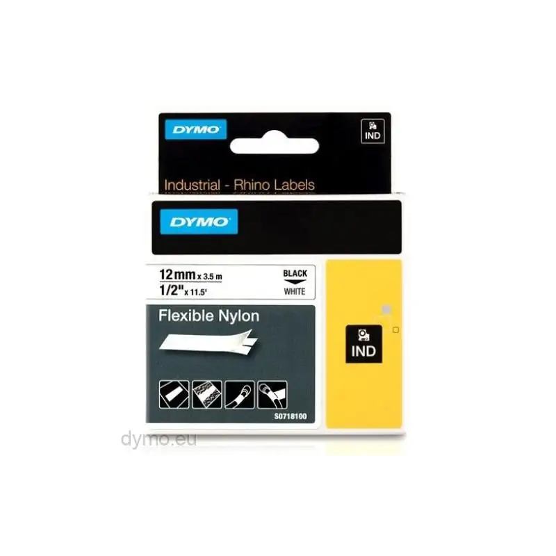 (18488) DYMO CINTA DE ETIQUETAS INDUSTRIAL ADHESIVA ID1-12 - NEGRO SOBRE BLANCO - 12MMX3´5M - NYLON FLEXIBLE - ROTULADORA RHINO