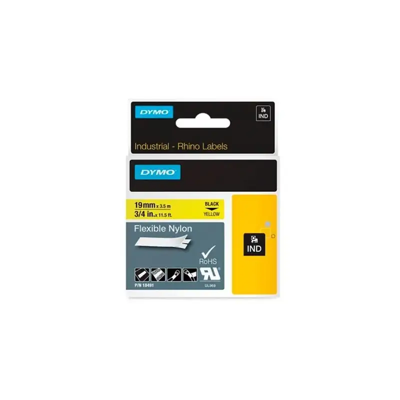 (18491) DYMO CINTA DE ETIQUETAS INDUSTRIAL ADHESIVA ID1-19 - NEGRO SOBRE AMARILLO - 19MMX3´5 M - NYLON FLEXIBLE - ROTULADORA ...