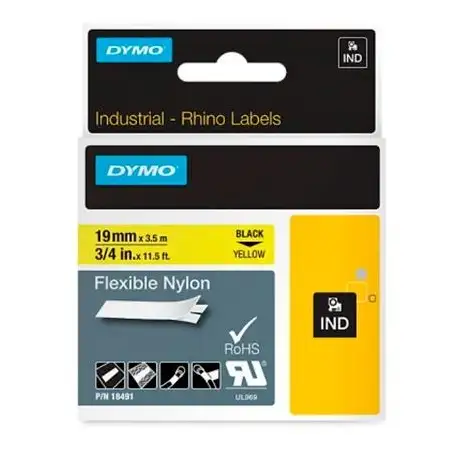 (18491) DYMO CINTA DE ETIQUETAS INDUSTRIAL ADHESIVA ID1-19 - NEGRO SOBRE AMARILLO - 19MMX3´5 M - NYLON FLEXIBLE - ROTULADORA ...