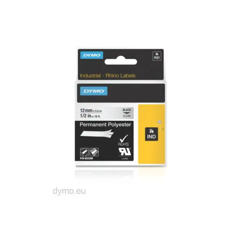 (622289) DYMO CINTA DE ETIQUETAS INDUSTRIAL ADHESIVA ID1-12 - NEGRO SOBRE TRANSPARENTE - 12MMX5´5M - POLIESTER - ROTULADORA R...