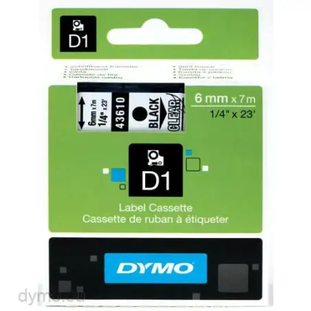 (S0720770) DYMO CINTA DE TRANSFERENCIA TERMICA D1 - NEGRO SOBRE TRANSPARENTE - 6MMX7M - POLIESTER - ROTULADORA LABELMANAGER
