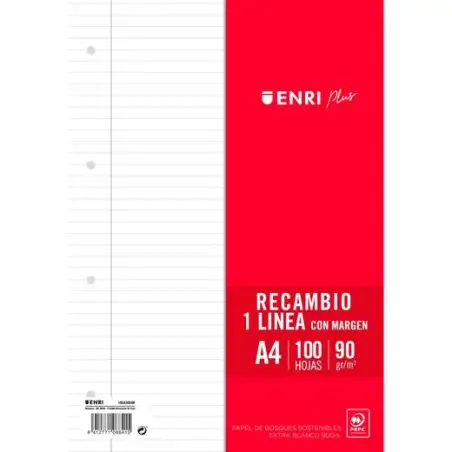 (400173749) ENRI RECAMBIO PLUS 100H A4 90GR 1 LÍNEA C/MARGEN 4 TALADROS BLANCO