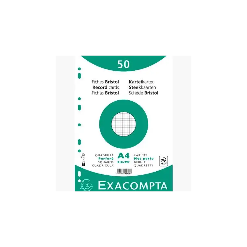 (12606E) EXACOMPTA FICHAS CARTULINA BRISTOL TALADRO A4 CUADRÍCULA 5X5 PACK DE 50 BLANCO