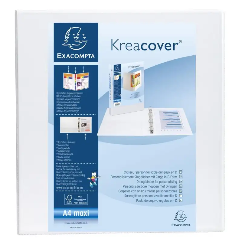 (51844E) EXACOMPTA CARPETA 4 ANILLAS MIXTAS 50MM KREACOVER FORRADA PP A4+ PERSONALIZABLE 3 BOLSOS EXTERIORES BLANCO