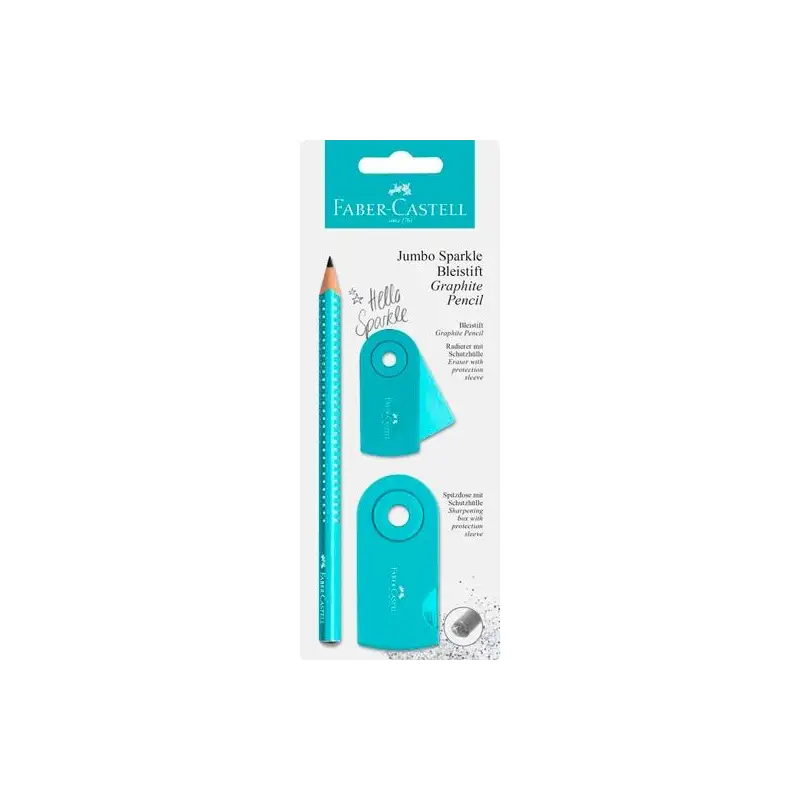 (111676) FABER CASTELL LÁPIZ DE GRAFITO JUMBO SPARKLE + GOMA DE BORRAR + AFILALÁPICES TURQUESA BLÍSTER