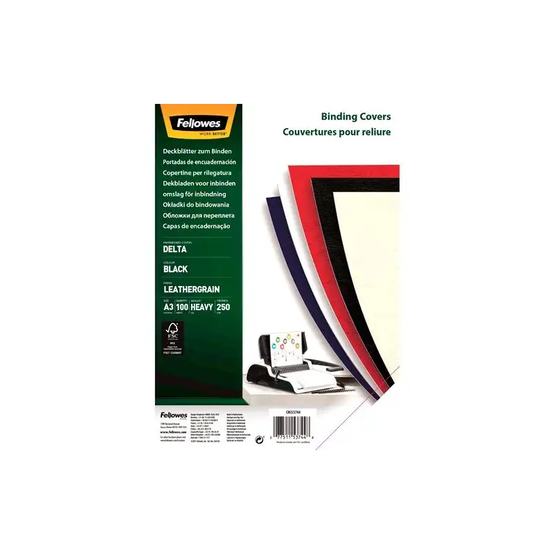 (5374401) FELLOWES TAPAS ENCUADERNACIÓN A3 CARTÓN 250GR SÍMIL PIEL DELTA CUERO FSC NEGRO PACK 100 UD