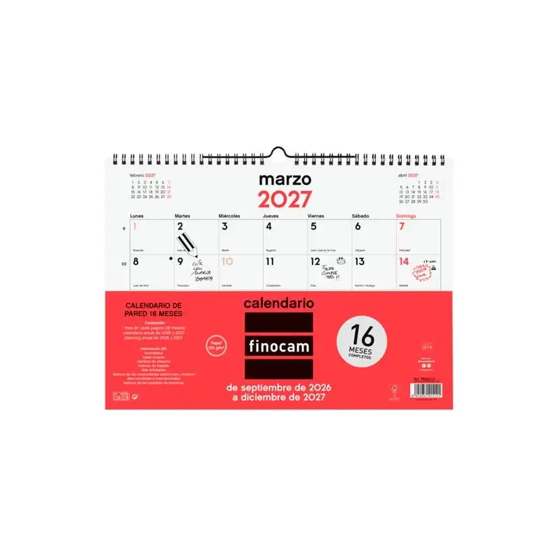 (782020027) FINOCAM CALENDARIO DE PARED 16 MESES PARA ESCRIBIR L-340X240MM MV NEUTRO 2026-2027