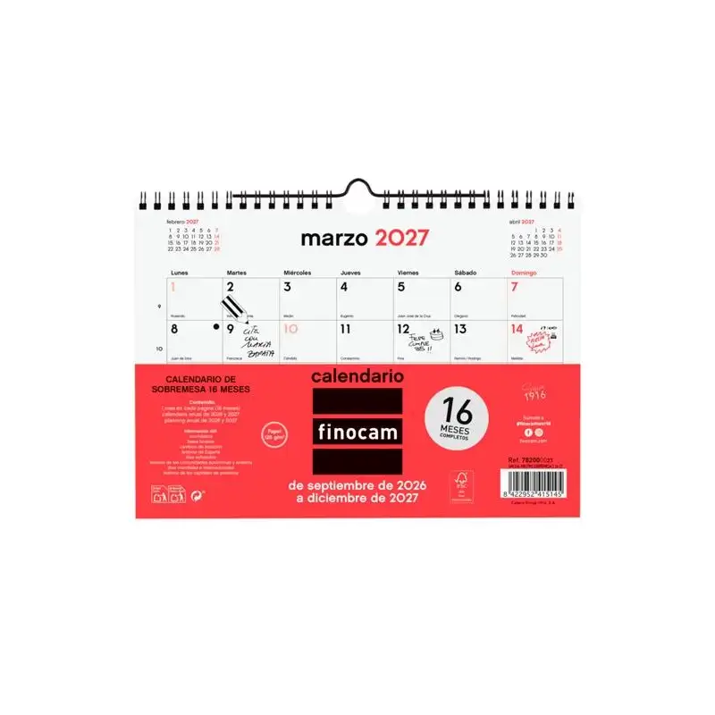 (782040027) FINOCAM CALENDARIO DE PARED 16 MESES PARA ESCRIBIR S-210X150MM MV NEUTRO 2026-2027