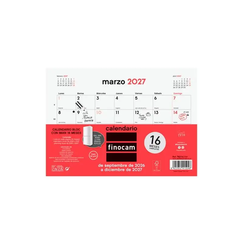 (782140027) FINOCAM CALENDARIO BLOC CON IMÁN 16 MESES PARA ESCRIBIR S-210X150MM NEUTRO 2026-2027