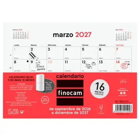 (782140027) FINOCAM CALENDARIO BLOC CON IMÁN 16 MESES PARA ESCRIBIR S-210X150MM NEUTRO 2026-2027