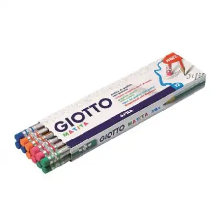 (F233200) GIOTTO LAPIZ MADERA CON GOMA HEXAGONAL GRAFITO NEGRO HB/2 SURTIDOS CAJA 12 UD