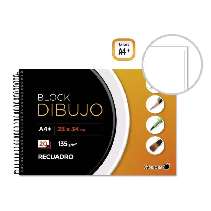 (321537) GOLDEN BLOCK DIBUJO ESPIRAL 20 HOJAS 135 GR. CON RECUADRO 34 X 23 CM -5U-