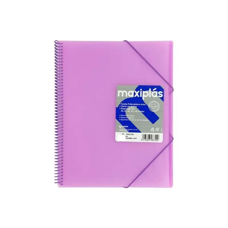 (39833095) GRAFOPLÁS CARPETA CON FUNDAS MAXIPLÁS ESPIRAL A4 30 FUNDAS C/SOBRE PP RÍGIDO TRANSLÚCIDO LAVANDA SOFT