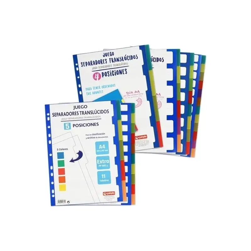 (41260400) GRAFOPLAS SEPARADORES MULTITALADRO PP TRANSLÚCIDO EXTRA 6 POSICIONES 11 TALADROS A4 SURTIDOS