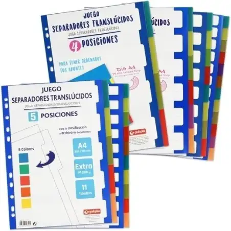 (41260400) GRAFOPLAS SEPARADORES MULTITALADRO PP TRANSLÚCIDO EXTRA 6 POSICIONES 11 TALADROS A4 SURTIDOS