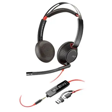 (8X231A6) HP POLY AURICULARES BLACKWIRE 5220 DIADEMA BINAURAL C/ MICRÓFONO CONTROL DE VOLUMEN JACK 3.5MM CON ADAPTADOR USB-C ...