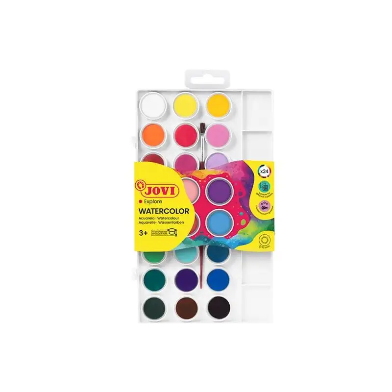 (800/24) JOVI ACUARELAS EN PASTILLAS 22MM CON PINCEL COLORES SURTIDOS ESTUCHE 24 UD