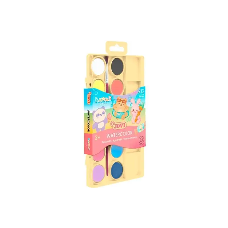 (KW800/12) JOVI ACUARELAS KAWAII EN PASTILLAS 22MM CON PINCEL C/SURTIDOS ESTUCHE 12 UD