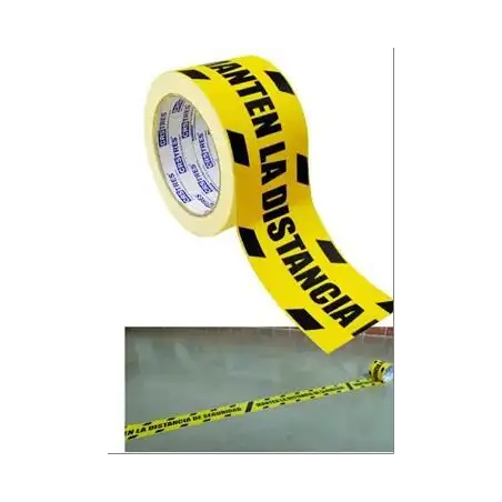 (41574) CINTA DE SEÑALIZACIÓN ADHESIVA 72MM X 25METROS AMARILLO/NEGRO "MANTENGA LA DISTANCIA"