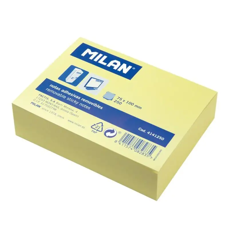 (4141250) MILAN BLOC NOTAS ADHESIVAS REMOVIBLES 250H 75X100 AMARILLO CLARO