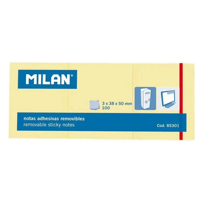 (85301) MILAN BLOC NOTAS ADHESIVAS REMOVIBLES 100H 38X50 AMARILLO CLARO PACK 3 UD