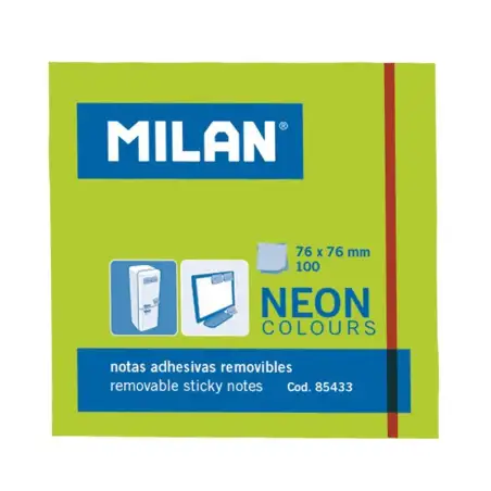 (85433) MILAN BLOC NOTAS ADHESIVAS REMOVIBLES 100H 76X76 VERDE FLUORESCENTE