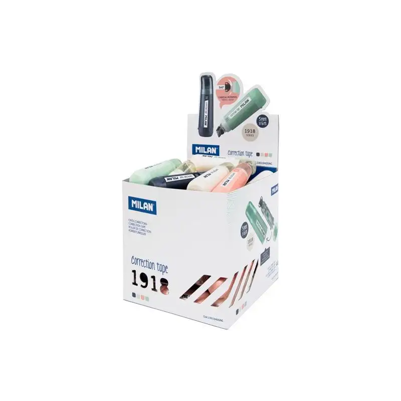 (1301940SNC) MILAN CINTA CORRECTORA CILÍNDRICA 5MMX6M SERIE 1918 CUBO EXPOSITOR 40 UD C/SURTIDOS