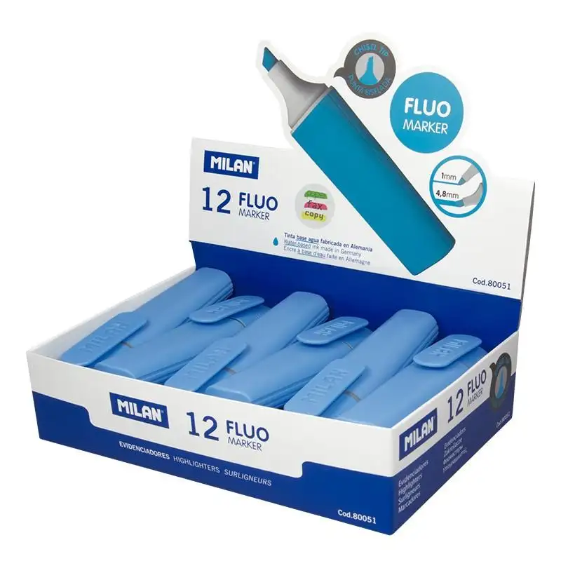 (80051) MILAN MARCADOR FLUORESCENTE FLUO AZUL PUNTA BISELADA CAJA EXPOSITORA 12 UD